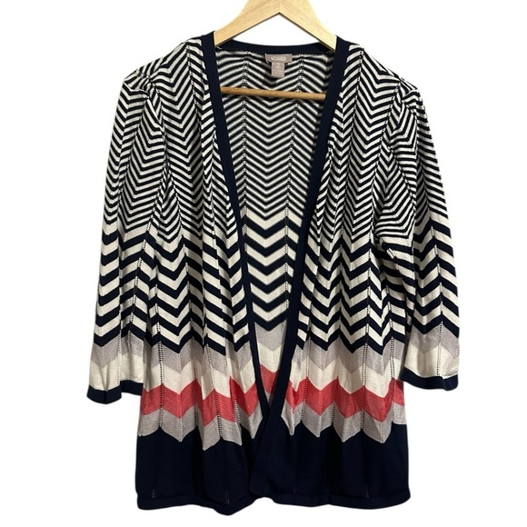 Chico's Open Front Chevron Cardigan Sweater Lightweight Casual Career Work SZ 12 - Picture 1 of 7